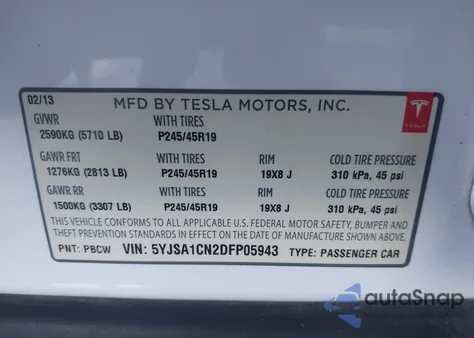 2013 Tesla Model S from USA, damaged, VIN 5YJSA1CN2DFP05943